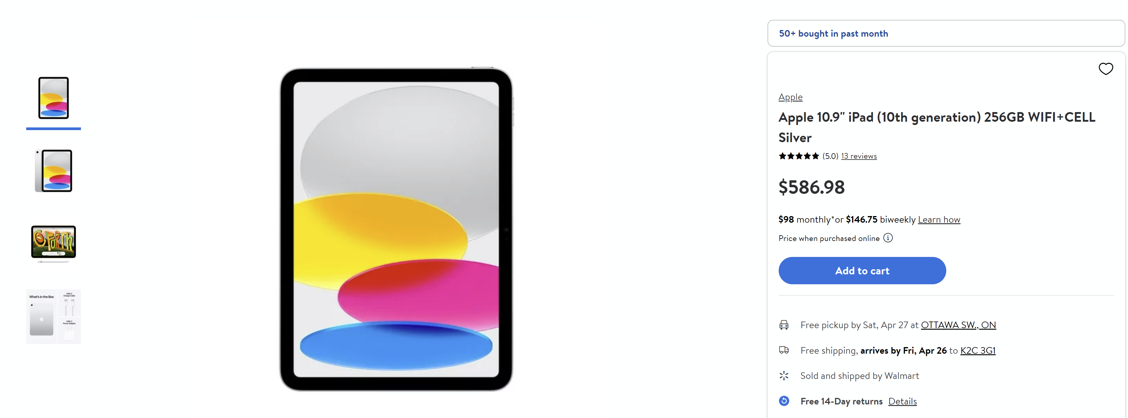 Apple 10.9&#34; iPad (10th generation) 256GB WIFI+CELL Silver - Walmart.ca