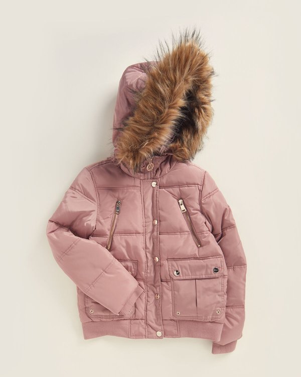 (Girls 7-16) Removable Faux Fur-Trimmed Hooded Puffer Jacket
