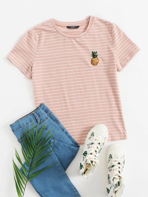 Pineapple Embroidery Striped Top