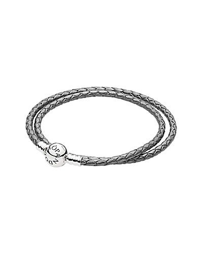 Moments Silver Leather Grey Braided Double-Leather Charm Bracelet