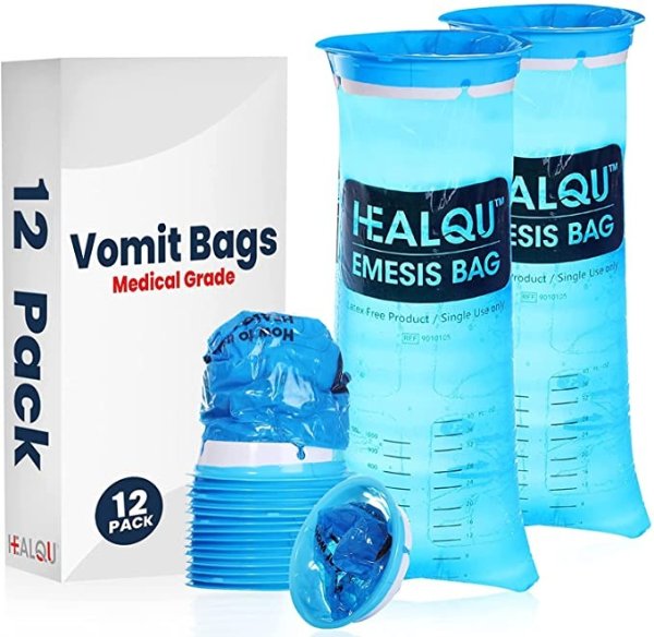Hospital Vomit Bags - 1000ml Car Throw Up Bag - for Airsick Travel & Motion Sickness - Leak Resistant Medical Grade Puke Bag - Disposable Barf Bags Throw Up, Nausea (12 Pack)