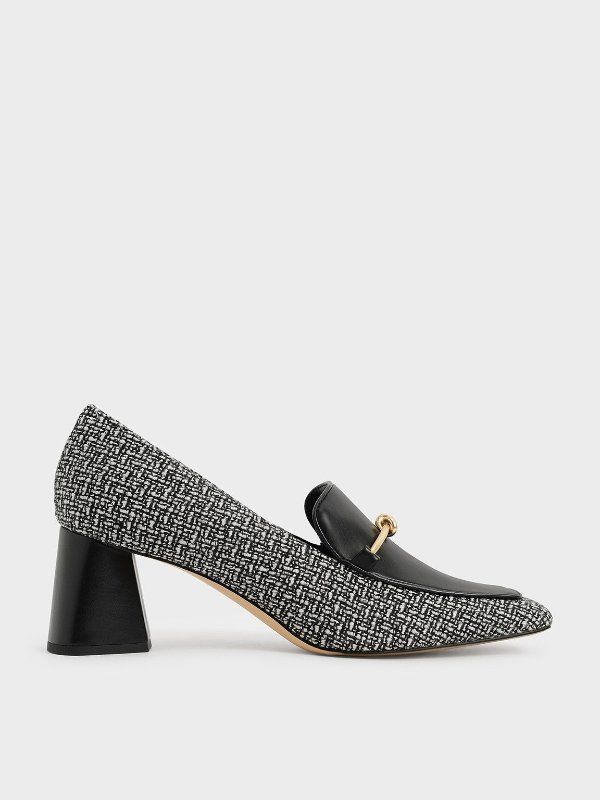 Multicoloured Metallic Accent Tweed Loafer Pumps | CHARLES &amp; KEITH
