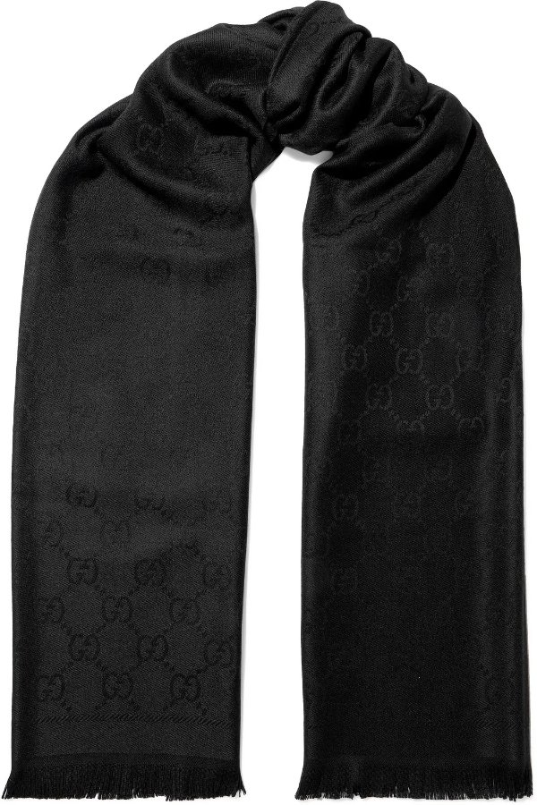 Black Frayed wool-jacquard scarf | Sale up to 70% off | THE OUTNET | GUCCI | THE OUTNET