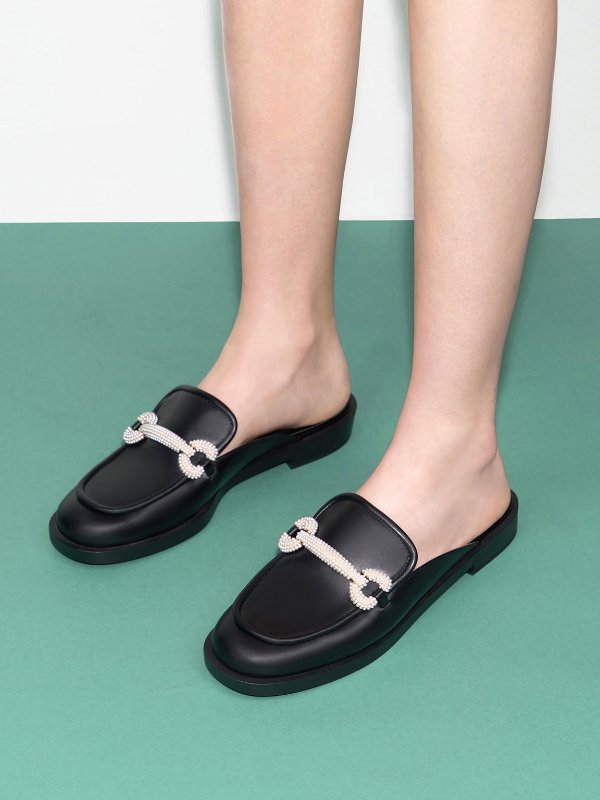 Black Beaded Accent Loafer Mules | CHARLES & KEITH