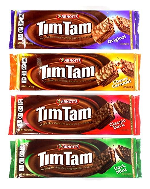 Tim Tam Australian Chocolate Cookies Pack of 4 Variety (Original, Caramel, Dark, Dark Mint) Full Size