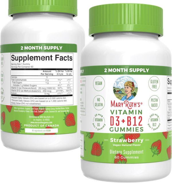 Vegan Vitamin D3+B12 Gummy (Plant-Based) by MaryRuth's Made from Lichen! Non-GMO Vegan Paleo Friendly Gluten Free for Men, Women & Children 1000 IUs of Vitamin D3 & 250 mcg of Vitamin B12...