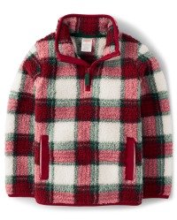 Boys Plaid Sherpa Pullover - Christmas Cabin - halo white