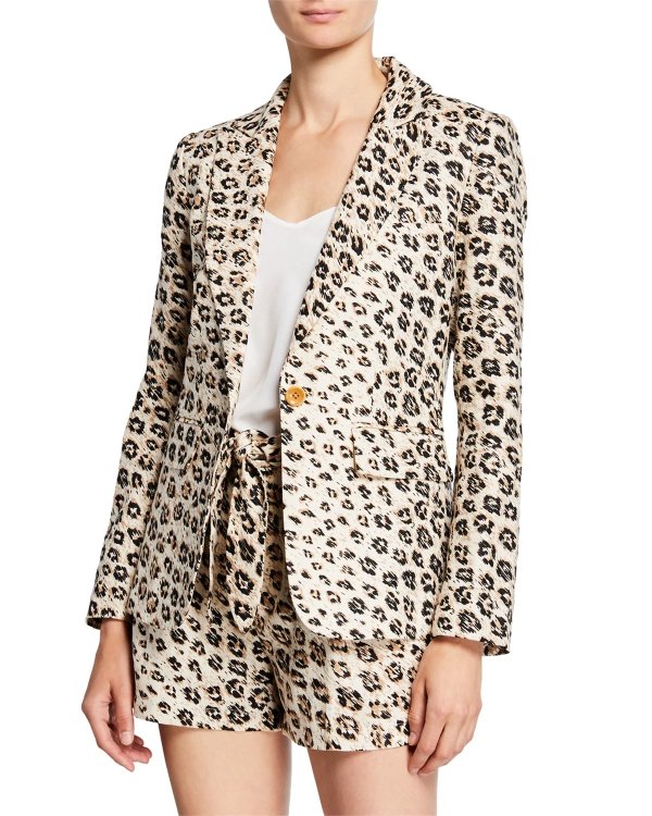 Anilah Leopard-Print One-Button Linen BlazerCarden Leopard-Print Linen Shorts