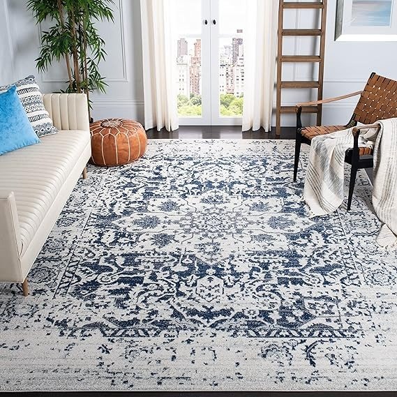 Madison Collection Area Rug - 8' x 10', Cream & Navy, Snowflake Medallion Distressed Design, Non-Shedding & Easy Care, Ideal for High Traffic Areas in Living Room, Bedroom (MAD603D)