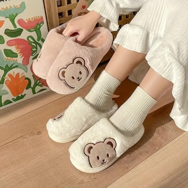 Women's Cute Bear Pattern Slippers, Cozy Fluffy Closed Toe Warm Flat Shoes, Kawaii Bedroom Plush Slippers