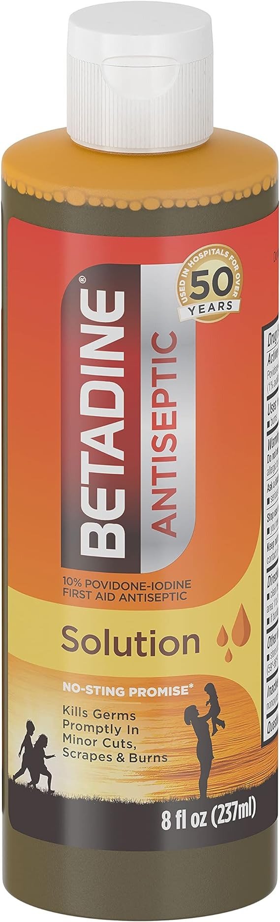 Antiseptic Liquid First Aid Solution, Povidone-iodine 10%, Infection Protection, Kills Germs In Minor Cuts Scrapes And Burns, No Sting Promise, No Alcohol or Hydrogen Peroxide, 8 FL OZ