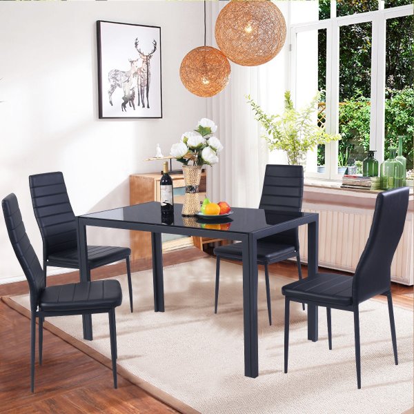 5 Piece Kitchen Dining Set Glass Metal Table and 4 Chairs Breakfast Furniture