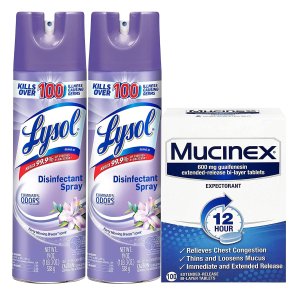 史低价：Lysol 消毒喷雾 19oz 2瓶 +Mucinex  强效清痰化痰药 100片