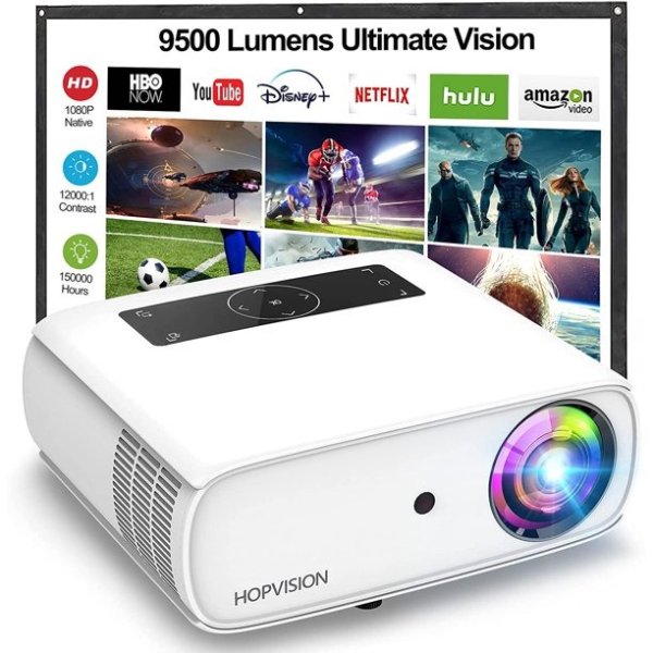 HOPVISION Native 1080P Projector Full HD, 9500Lux Movie Projector with 150000 Hours LED Lamp Life, Support 4K 350" Home Outdoor Projector for Smartphone/ PC/ Laptop/ PS4/ TV Stick/ EXCEL/ PPT