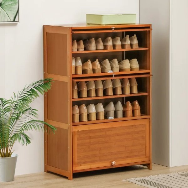 24 Pair 7 Tiers Bamboo Wood Shoe Storage Cabinet Organizer with 3 Flip Doors