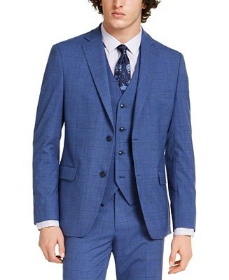 Men's Slim-Fit Stretch Medium Blue Plaid Suit Jacket, Created for Macy's
