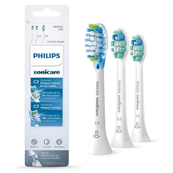 HX9023/69 Genuine Toothbrush Head Variety Pack – C3 Premium Plaque Control & C2 Optimal Plaque Control, 3 Pack, white