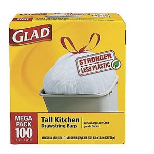 Glad Tall Kitchen Drawstring Trash Bags, White, 13 Gallon, 100 Bags