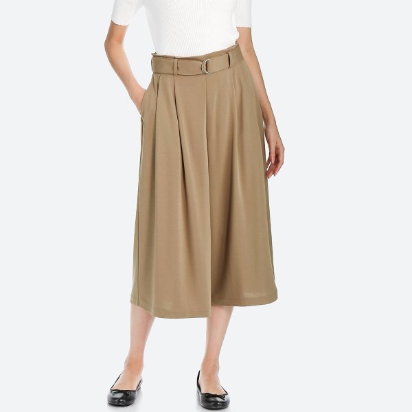 WOMEN BELTED WIDE CROPPED PANTS