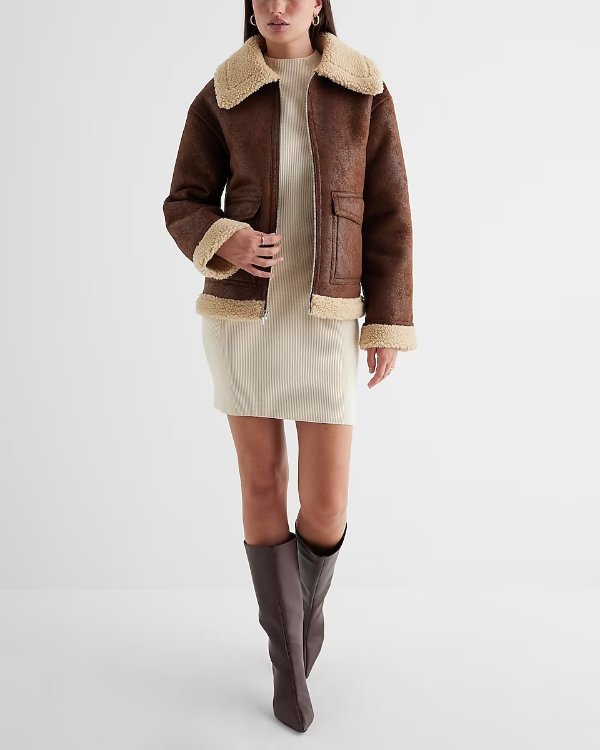 Faux Leather Sherpa Lined Coat