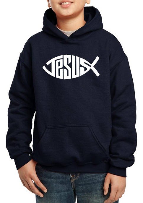 Boys 8-20 Word Art Hooded Graphic Sweatshirt - Christian Jesus Name Fish Symbol
