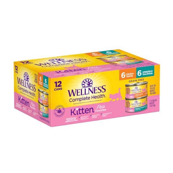Wellness Complete Health Kitten Whitefish & Tuna and Chicken Variety Pack Wet Food, 3 oz., Count of 12 | Petco