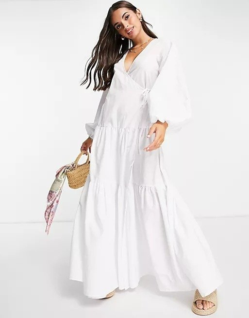 drop waist wrap tiered maxi dress in white