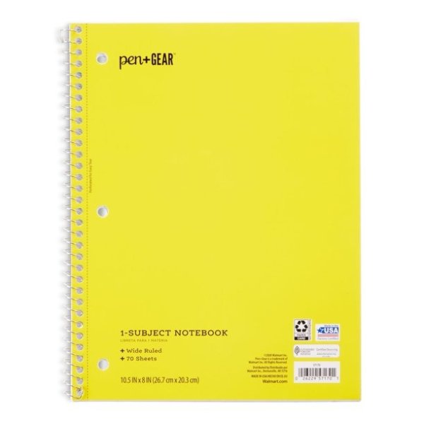 1-Subject Notebook, Wide Ruled, 70 Sheets