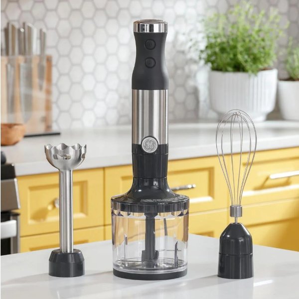 2-Speed Stainless Steel Immersion Blender with Whisk, Blending, and Chopping Jar Attachments