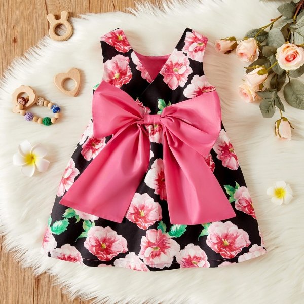1pc Baby Girl Sleeveless Floral Print Bowknot Dress