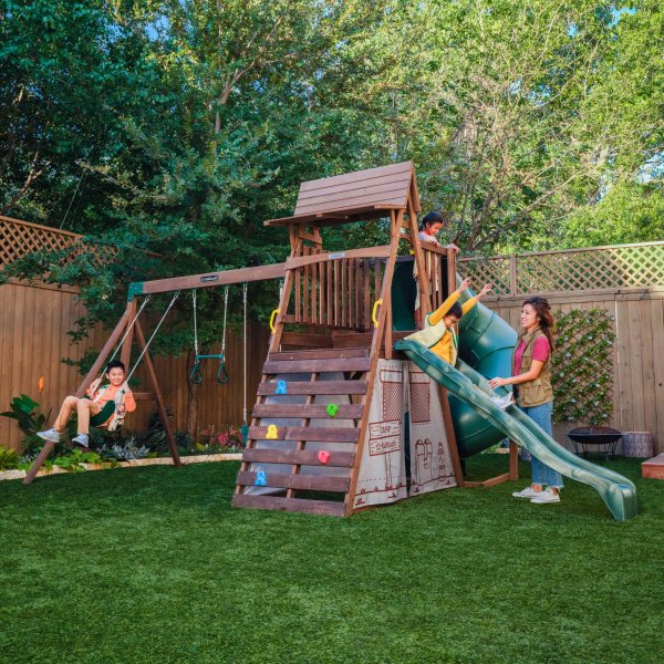 Ranger Retreat Wooden Swing Set / Playset with Tent, Tube Slide and 3 Swings