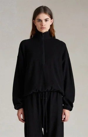 Women's Jet Black Reverse Fleece Half Zip Mock Neck Sweatshirt