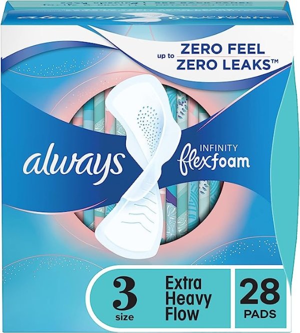 Infinity Feminine Pads for Women, Size 3, Extra Heavy Flow, with Wings, Unscented, 28 CT