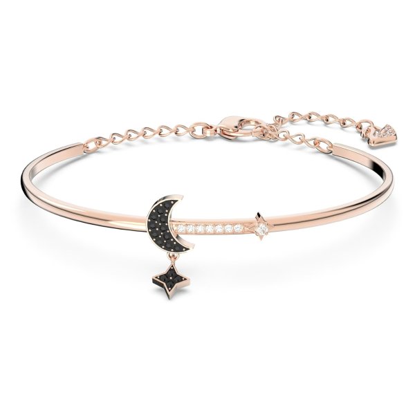 Symbolic bangle, Moon and star, Black, Rose gold-tone plated by
