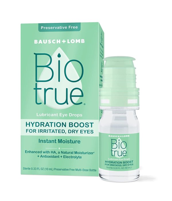 Hydration Boost Eye Drops, Preservative Free, Soft Contact Lens Friendly for Irritated and Dry Eyes from Bausch + Lomb, Preservative Free, Naturally Inspired, 0.33 FL OZ (10 mL)