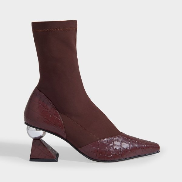 Stella Sock Boots in Burgundy Croc Embossed Leather and Span Fabric