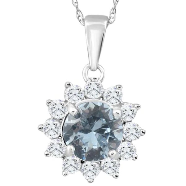 1 1/2Ct Aquamarine & Diamond Halo Pendant 10k White Gold Women's Necklace