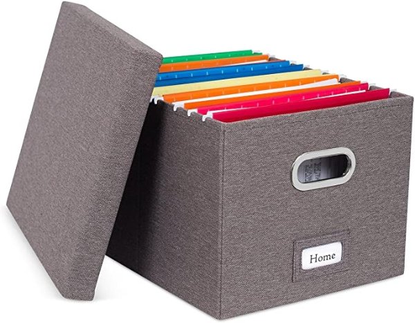 Collapsible File Storage Organizer with Lid - Decorative Linen Filing & Storage Office Box – Hanging Letter/Legal Folder – Home Office Bins Cabinet – Grey Container - 1 Pack