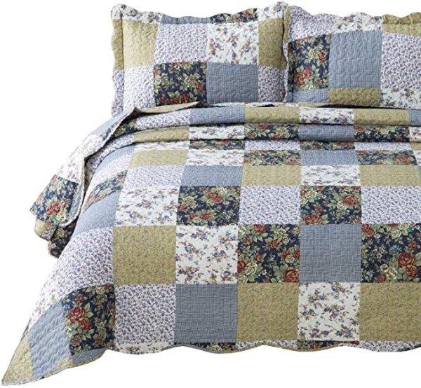 3-Piece Quilt Set Coverlet Queen/Full Size (90x96 inches), Luxury Vintage Plaid Floral Patchwork, Lightweight Bedroom Bedspread for All Season, 1 Quilt and 2 Pillow Shams