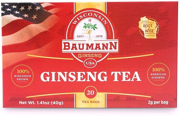 Premium American Ginseng Tea Bags, Authentic Panax Pure Ginseng Roots, Strength, Grown in Wisconsin, U.S.A 20 Bags