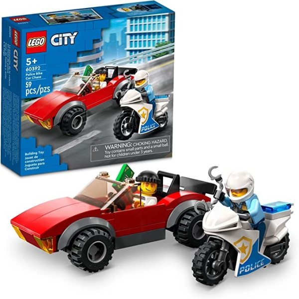 City Police Bike Car Chase 60392 Building Toy Set for Kids, Boys, and Girls Ages 5+ (59 Pieces)