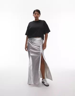Curve vinyl double split midi skirt in silver