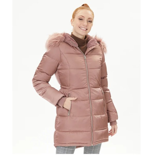 Dusty Pink Satin Puffer Jacket with Faux Fur-Lined Hood - Women