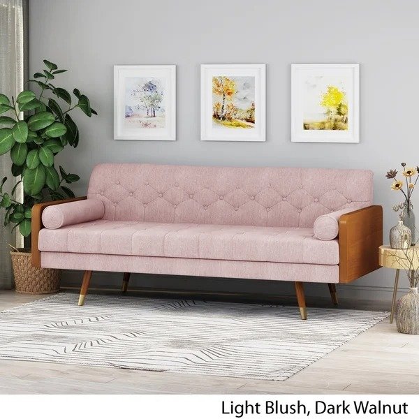 Jalon Mid-Century Modern Tufted Fabric Sofa by Christopher Knight Home - Light Blush + Dark Walnut