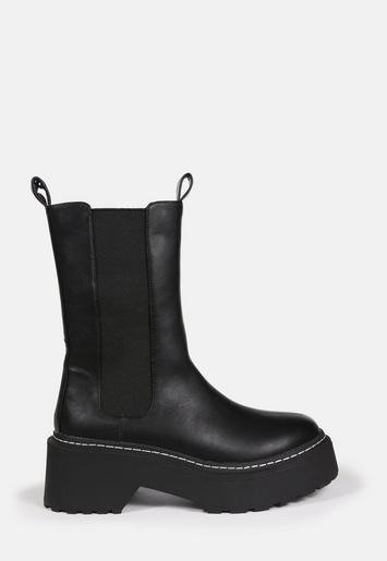 - Black Pull On Chunky Ankle Boots