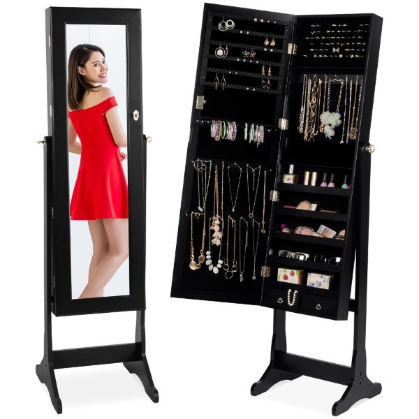 Full Length Standing Jewelry Mirror Armoire w/ Velvet Interior