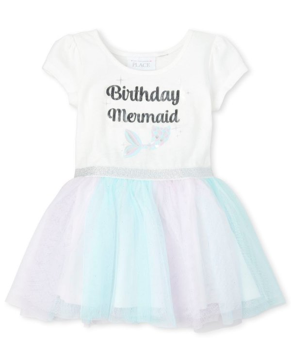 Baby And Toddler Girls Short Sleeve Foil 'Birthday Mermaid' Knit To Woven Tutu Dress