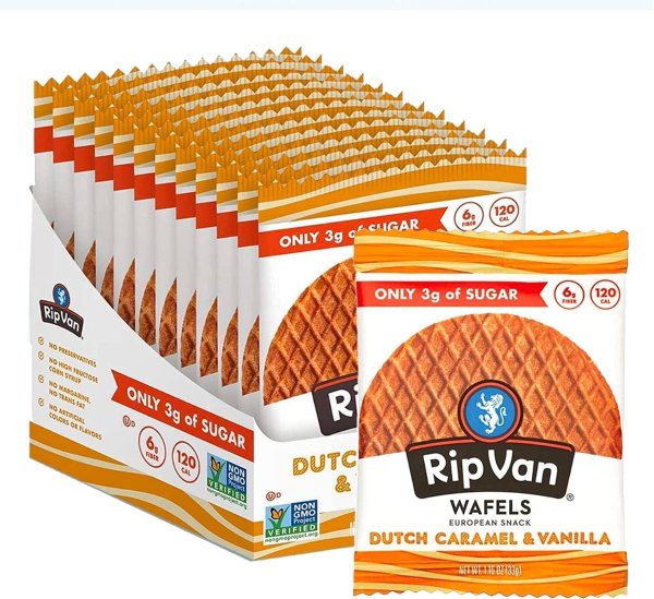 Rip Van WAFELS Dutch Caramel & Vanilla Stroopwafels - Healthy Snacks - Non GMO Snack - Keto Friendly - Office Snacks - Low Sugar (3g) - Low Calorie Snack - 12 Count