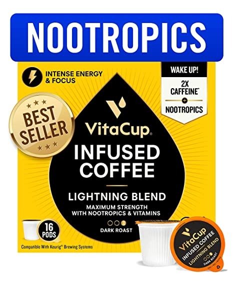 Lightning Blend Nootropic Coffee Pods 16ct Intense Energy Focus | Vitamin-Infused Coffee | 2X Caffeine | Vegan | Vitamin B1, B5, B6, B9, B12, D3 | Compatible K-Cup Brewers Including Keurig