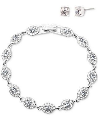 Silver-Tone 2-Pc. Set Stone & Crystal Link Bracelet & Crystal Stud Earrings